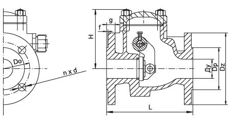Чертеж: обратный клапан поворотный подъемный фланцевый чугунный Ру 16